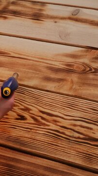 Close Up Torch Flame Burning Wood Surface, Charred Timber Texture For Architectural Material And Design Use
