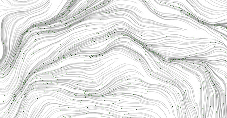 Abstract image featuring flowing lines and green dots creating a sense of movement, pattern, and flow. Perfect for moder