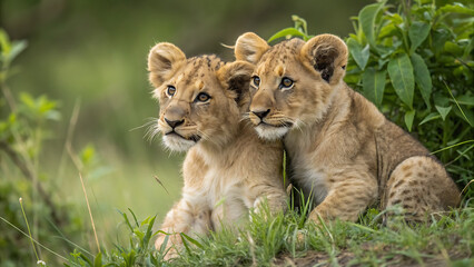Obraz premium Two Adorable Lion Cubs Resting in Green Grass in Natural Wildlife Habitat