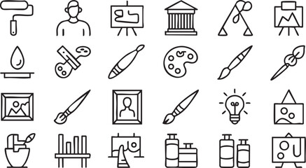 A grid displays 24 simple, black-and-white line-art icons related to art and painting. The icons represent various tools and concepts, including paintbrushes, easels, palettes, canvases, picture frame