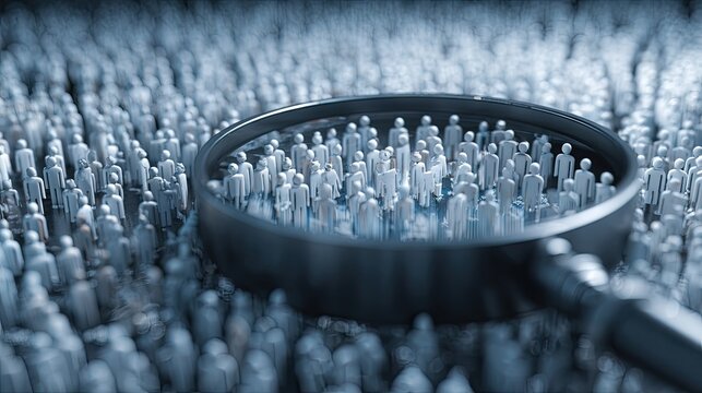 Magnifying glass focuses on a selection of small figures representing a crowd or population.