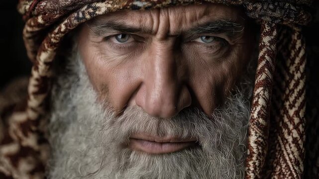 Arabic sheikh wearing traditional attire with a serious expression and striking eyes
