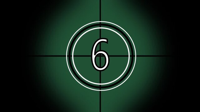 Green Film Countdown Graphic with Number and Circular Target vintage retro animated, Realistic vintage old movie countdown intro animation Countdown movie from number on black background.