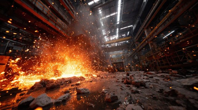 Intense shower of molten metal sparks erupting inside a large industrial foundry