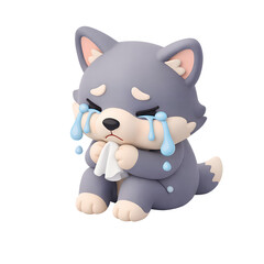 Fototapeta premium Sad wolf cartoon animal crying cute emotional tissue blue gray sitting isolated transparency background teardrop adorable expression character