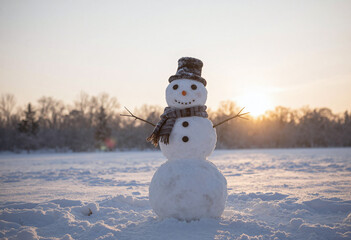 Fototapeta premium jolly snowman stands proudly amidst serene winter wonderland scene set snowy backdrop illuminated warm golden