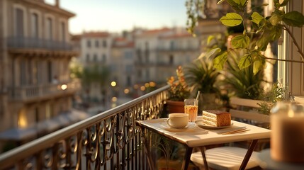 Golden Hour Balcony Dining with Coffee and Cake