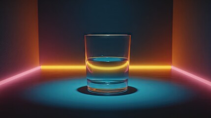 Clear beverage rests within a glass centered in a darkly lit space illuminated by vibrant neon light strips.