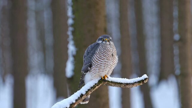 A powerful northern goshawk sits on a frost-covered branch in a winter forest setting. The bird is depicted with sharp detail against a blurred woodland background.