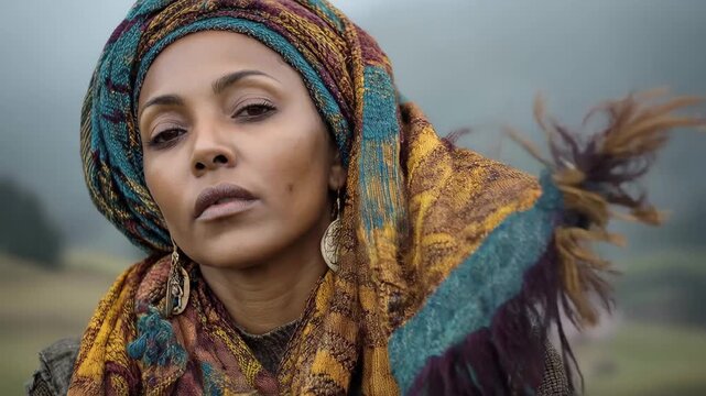 Portrait of an african woman in a colorful head wrap with a serious expression in a rural setting at dusk