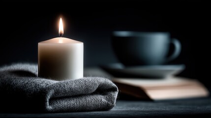 Minimalist cozy candle with knitwear and book
