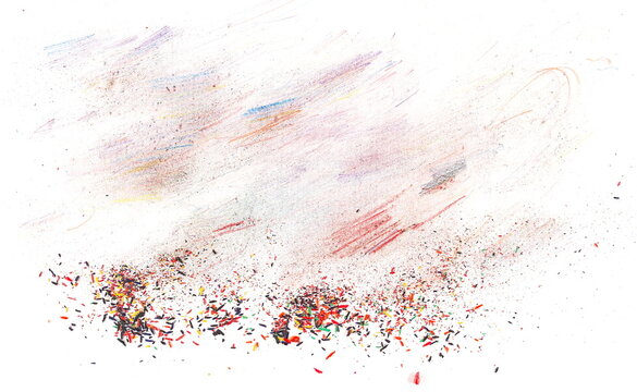 Colorful pencil tip flying, shavings from sharpener, wooden crayons scribbling and hatching isolated on white background and texture, clipping path	