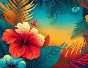 vibrant tropical summer background with hibiscus flowers and palm leaves