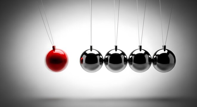 A red Newtons cradle ball swinging towards four stationary metallic balls