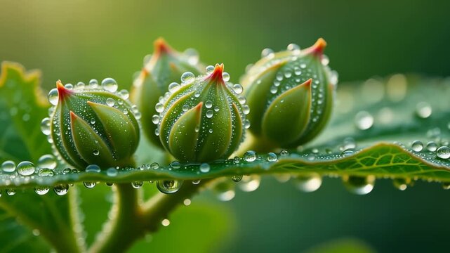 Macro Close-up of Three Green Caper Buds Covered in Sparkling Water Droplets on a Leaf ai generated