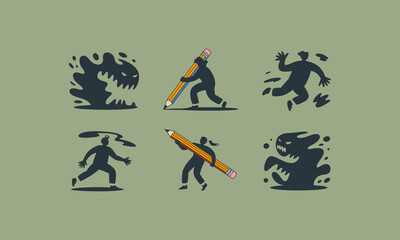 Illustrative design showing people running from or carrying large pencils and shadowy monsters high quality © AB vector designer