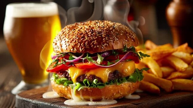 Delicious cheeseburger with fries and beer on wooden board