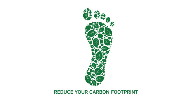 Eco friendly footprint icon with reduce your carbon footprint text, green vector illustration for environmental conservation.