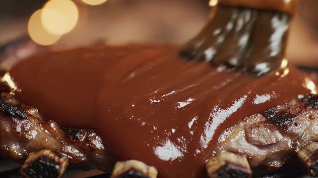 Close up shot of sauce pouring over grilled ribs for culinary presentation