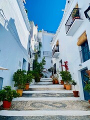 Fototapeta premium Charming white street with colorful flower pots in Andalusia Spain