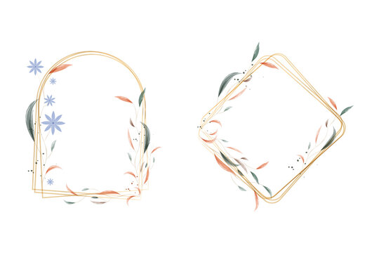 Two elegant watercolor frames decorate a plain background. An arched gold frame features blue flowers.