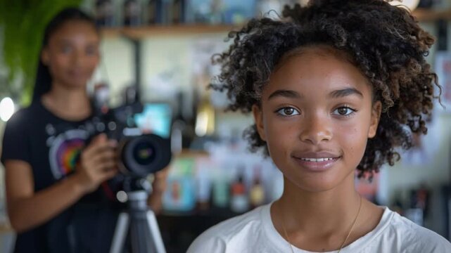 A vibrant photographer's studio is filled with colorful decorations and various products as a young girl's radiant joy is captured on camera, standing near a tripod
