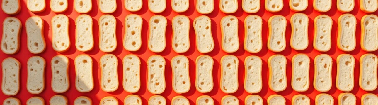 Many slices of bread on a red surface food background banner