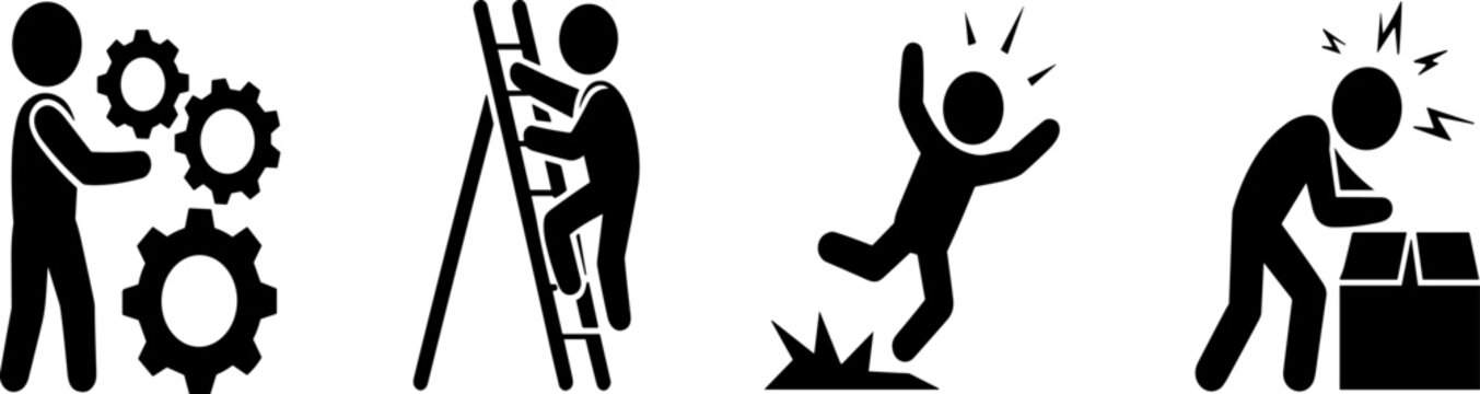 Workplace safety icons, gear management, ladder climbing, slip hazard, lifting strain, ergonomic risk, occupational health, injury prevention, vector silhouette, industrial design