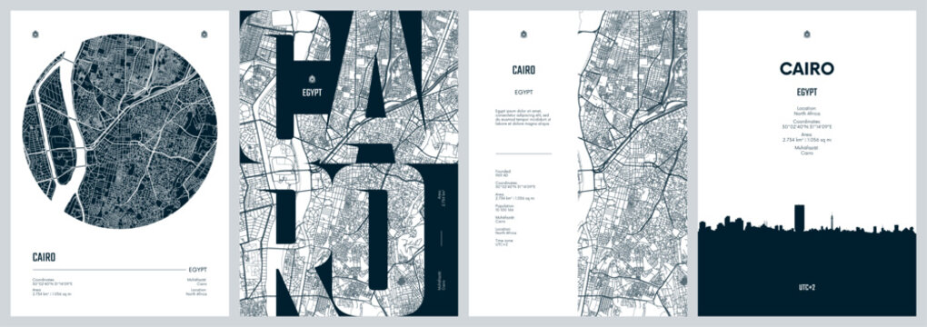 Set of travel posters design with street plan Cairo the capital and largest city of Egypt, Silhouette city skyline, vector artwork, Black and white printable detailed urban city map