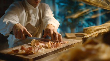 A dynamic image of a slicing machine in a gourmet food shop, cutting artisanal cheeses and cured meats, illustrating the blend of tradition and innovation in food preparation and presentation.