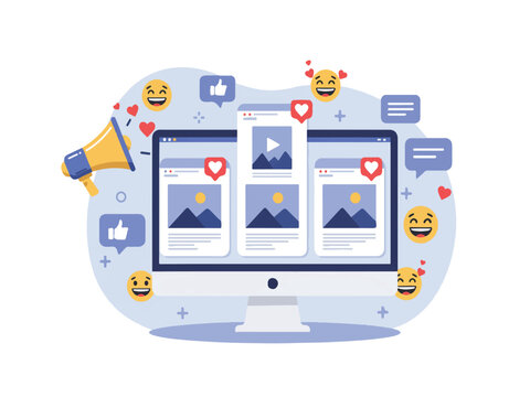 Social media engagement concept with computer monitor and mobile devices showing likes and comments on a white background