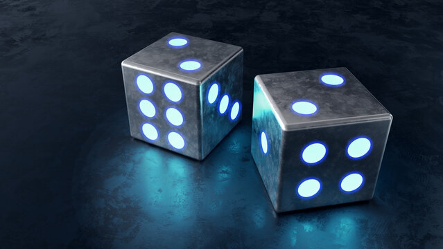Close-up of two metallic dice with glowing blue neon pips on a dark textured surface, futuristic gambling and technology risk concept.