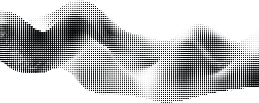 Abstract flowing wave form created with halftone dot pattern and subtle grunge texture on transparent background for design