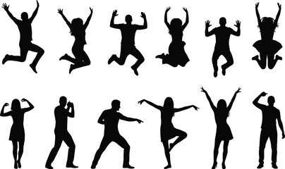 Silhouettes of people jumping and dancing, expressive body language, energetic poses, celebration concept, individuality artwork, human motion illustration design © razia