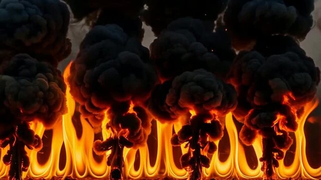 Row of Fiery Explosions and Dark Smoke Billows - Abstract Background