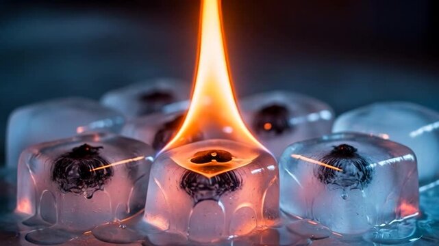 Ice Cubes Burning with Flames: Extreme Contrast, Melting and Fire
