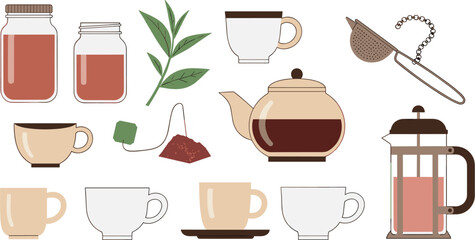 Colorful CartTea Time Collection Vector Set with Teapot, Cups, Tea Bags and French Press Illustrationoon Sea Shell Collection Vector Set with Spiral and Scallop Shell Illustrations