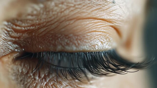 Close view of an elderly female eye showing details of skin texture and iris structure in a macro shot during daytime
