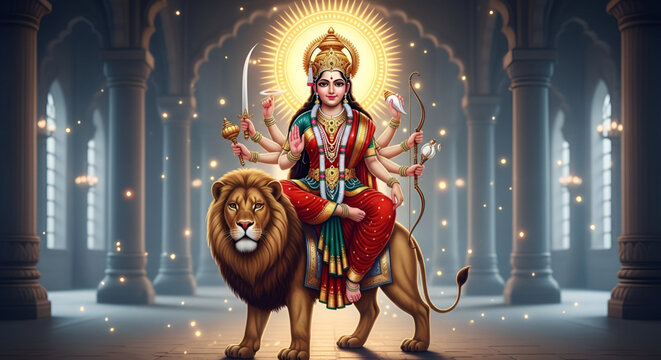 Navratri Durga Puja Chaitra Navratri vector illustration of goddess Durga sitting on lion inside grand temple glowing divine festive Indian culture background