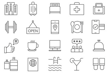 Fototapeta premium Hotel line icon set. Out line icon of Room, business, parking, travel, sleeping, comfortable and moor. Vector illustration.