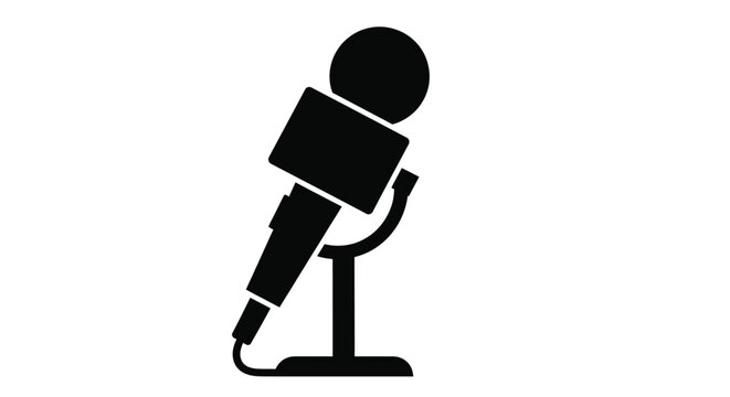 Simple black silhouette of a vintage style microphone on a white background