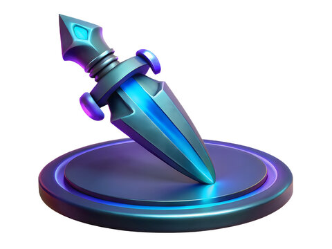 A blue metallic dagger on a circular base