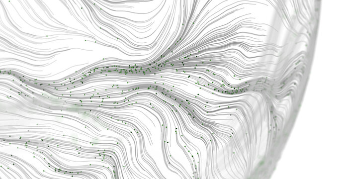 An artistic abstract design of flowing grey lines with green dots.  Ideal for concepts like data, connection, or abstrac