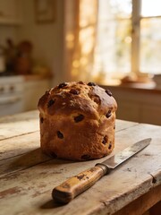 Homemade Easter raisin bread loaf on rustic wooden table with vintage knife in warm morning light. Cozy seasonal kitchen scene with copy space, perfect for bakery advertising and holiday marketing.