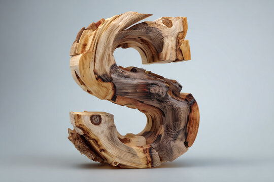 A three dimensional letter S constructed from various wood textures and planks with a neutral background