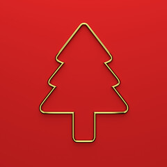 Fototapeta premium Minimalist 3D illustration of a golden Christmas tree outline on a vibrant red background, luxury holiday celebration and New Year concept.