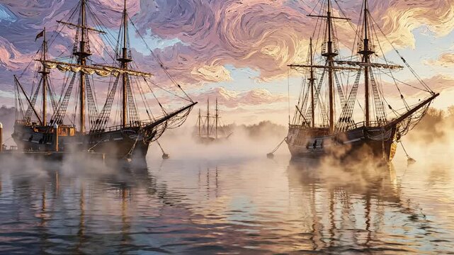 Impressionist Landscape Sailing Ship Mist Water Sunrise Dramatic Sky Tranquil Mood Scene