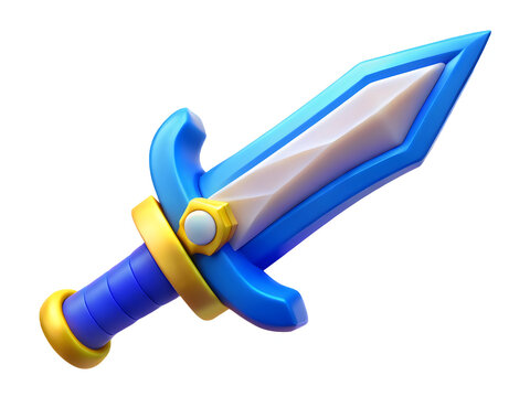 A blue and gold sword with a white background