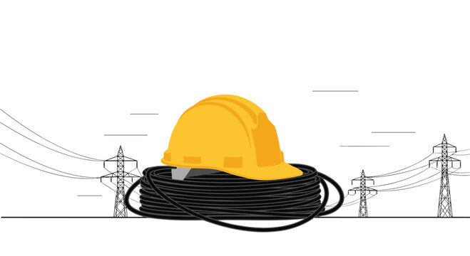 A yellow hard hat sits on a black electrical cable spool, against a power line backdrop.