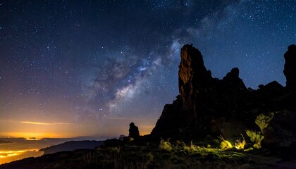 Vast night sky showcases Milky Way above silhouetted rock formations, illuminated ground